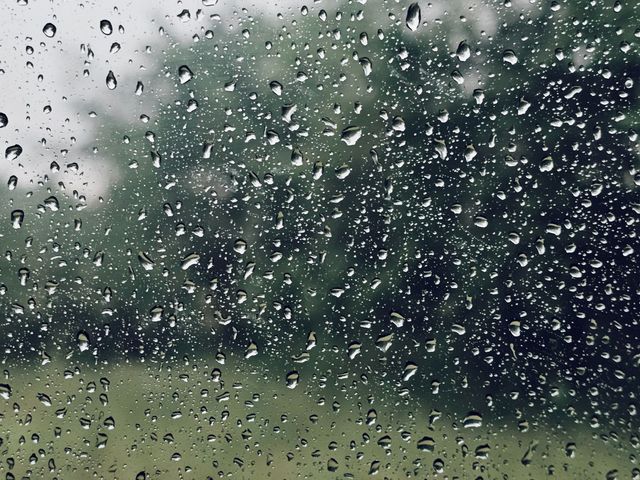 Raindrops on a window pane with green trees softened behind the glass